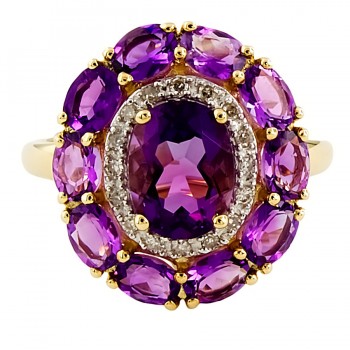 9ct gold Amethyst / Diamond Cluster Ring size M